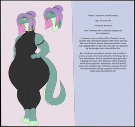 accessory anthro big_butt butt clothed clothing femboy flower flower_in_hair green_body hair hair_accessory hand_on_hip information_box male neck_wound pear-shaped_figure plant simple_background solo text thick_thighs tongue tongue_out wide_hips yellow_eyes photolol.03 constance_(photolol.03) reptile scalie snake absurd_res english_text flat_colors hi_res andromorph_(lore)