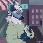 5_fingers anthro beverage black_nose blue_body blue_fur blush city clothing female fingers fur green_clothing green_topwear grey_eyes hair holding_beverage holding_object looking_away mane outside solo sweater tongue tongue_out topwear white_hair white_mane jorts_(artist) claudette_(jortsart) bat mammal megabat 1:1 2020 hi_res