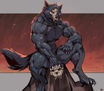 anthro black_body bone digitigrade holding_skull male muscular muscular_male nude red_eyes sitting skull skull_head solo ariswuffo blizzard_entertainment diablo diablo_4 mephisto_(diablo) canid canine canis mammal wolf 2023 absurd_res hi_res