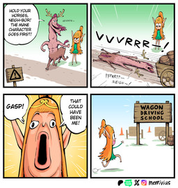 4_panel_comic abs antlers barefoot barrel black_eyes brown_hair brown_tail butt circlet clothed clothed_female clothed_humanoid clothing crown dialogue dress duo eyelashes feet female female_humanoid gold_circlet gold_hair_ring green_clothing green_dress hair headgear hooves horn humanoid_pointy_ears humor light_body light_skin lips long_ears long_hair male male_taur midair muscular muscular_male muscular_taur nude_male nude_taur orange_hair pecs pointy_ears ponytail run_over speech_bubble tail tan_body tan_lips tan_skin text tiara traffic_cone vehicle wagon merrivius elf_comic european_mythology greek_mythology mythology elf_(merrivius) kent_the_centaur_(merrivius) centaur elf equid equid_taur humanoid humanoid_taur mammal mammal_taur taur 2026 comic digital_media_(artwork) english_text hi_res