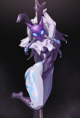 anthro arms_above_head biped black_background blue_eyes breasts bunny_costume clothing costume dancing female fur fur_markings glistening glistening_body hair hooves leg_markings long_ears long_hair markings mask navel pole pole_dancing simple_background slim small_breasts small_waist solo thick_thighs tight_clothing white_body white_fur azuu league_of_legends riot_games tencent kindred_(lol) lamb_(lol) bovid caprine mammal sheep 2023 absurd_res hi_res
