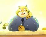 anthro arm_support clothed clothing countershading fully_clothed leaning_on_elbow male solo skyverchase disney zootopia benjamin_clawhauser cheetah felid feline mammal