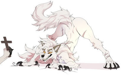 black_nose claws cross duo fur hair orange_eyes scar solo_focus teeth white_body white_fur white_hair drmax canid canine mammal 2021 digital_media_(artwork) hi_res