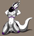 anthro armor breastplate claws crotchplate cybernetics ear_tuft fur hands_behind_head horn kneeling machine male multi_ear neck_tuft pose protogen_visor purple_eyes smile solo tail thick_thighs tuft white_body white_fur hunamarts biogentic_(protogen) mammal protogen absurd_res hi_res pinup