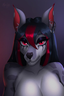 anthro black_hair ear_piercing facial_piercing female grey_body hair long_hair makeup markings mascara nose_piercing nose_ring piercing red_eyes ring_piercing running_makeup solo spots spotted_body mari_lovi canid canine hybrid mammal hi_res