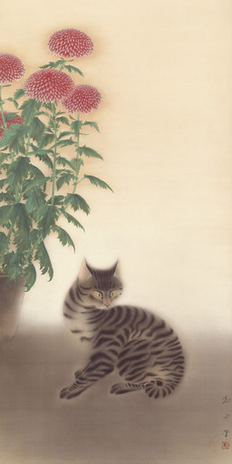 ambiguous_gender black_body black_fur black_stripes brown_body brown_fur feet feral flower fur inner_ear_fluff leaf mouth_closed multicolored_body multicolored_fur paws pink_nose plant plant_pot potted_plant pupils slit_pupils snout solo striped_body striped_fur stripes tail tan_body tan_fur text toes tuft whiskers yellow_eyes hayami_gyoshu domestic_cat felid feline felis mammal 1922 20th_century absurd_res ancient_art formal_art hi_res japanese_text painting_(artwork) traditional_media_(artwork) traditional_painting_(artwork)