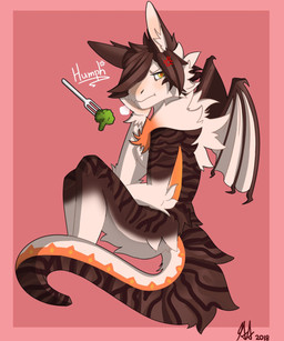 anthro black_body black_fur breasts breath broccoli brown_body brown_fur cross-popping_vein cutlery ear_tuft featureless_breasts female food fork frown fur hair kitchen_utensils looking_aside markings membrane_(anatomy) membranous_wings multicolored_body multicolored_fur neck_tuft orange_body orange_fur picture_frame pink_background plant simple_background sitting solo tail text tools tuft vegetable white_body white_fur wings yellow_eyes sorcerer_salem mythology bazzy_(cannibalistic-tendencies) dragon mythological_creature mythological_scalie scalie 2018 hi_res signature