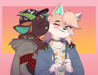 2_horns 3_eyes anthro biped black_body black_nose blush blush_lines choker claws clothed clothing countershade_face countershade_torso countershading duo eyebrows eyes_closed fangs femboy gloves_(marking) green_eyes hair hands_on_shoulders hat headgear headwear hoodie horn jewelry looking_at_another male male/male markings multi_eye multicolored_body neck_tuft necklace nuzzling one_eye_closed pupils shirt simple_background slit_pupils smile spikes tan_body tan_hair teeth topwear tuft two_tone_body white_body white_markings somik alex_(trieyed) ambiguous_species canid canine mammal species_request unknown_species 2023