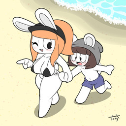 anthro beach beanie bikini black_clothing black_hat black_headwear blue_clothing blue_swimming_trunks blue_swimwear blush breasts brown_hair cleavage clothed clothing detailed_background duo eyelashes female grey_beanie grey_clothing grey_hat grey_headwear hair hat headgear headwear leading male male/female navel nipple_outline one_eye_closed orange_hair ponytail sand short_tail string_bikini swimming_trunks swimwear tail two-piece_swimsuit wink tonytoran tina_(tonytoran) tony_(tonytoran) chinchilla chinchillid lagomorph leporid mammal rabbit rodent 1:1 hi_res