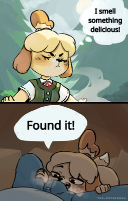 anthro blush bulge clothed clothing crotch_sniffing dialogue duo erection eyes_closed female fur hair male male/female musk open_mouth scent smile sniffing text tracking yellow_body yellow_fur tea_patriarch animal_crossing nintendo isabelle_(animal_crossing) canid canine canis domestic_dog human mammal shih_tzu toy_dog comic digital_media_(artwork) english_text hi_res