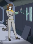 bracelet brown_hair clothing corridor engineer_(profession) female fur grey_body grey_fur hair jewelry nanites science_fiction spacecraft spots tablet uniform vehicle dressari felid feline mammal pantherine snow_leopard 3:4 absurd_res hi_res