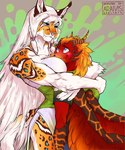 5_fingers anthro arms_around blonde_hair blue_eyes blush breasts butt clothed clothed_anthro clothed_female clothed_male clothing countershade_torso countershading duo eye_contact fangs feathers female fingers front_view fur hair horn hug inner_ear_fluff larger_anthro larger_female long_hair looking_at_another looking_down looking_down_at_another looking_up looking_up_at_another male markings pink_eyes rear_view red_body red_feathers red_fur sabertooth_(anatomy) scuted_arms scutes shirt simple_background size_difference smaller_anthro smaller_male spots spotted_body spotted_fur standing t-shirt tail teeth topwear tuft white_body white_fur white_hair wings yellow_body yellow_fur araivis-edelveys mythology bakara fyredrake dragon felid feline mammal mythological_creature mythological_scalie prehistoric_species saber-toothed_tiger scalie 2024 5:6 digital_media_(artwork) hi_res