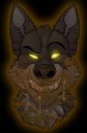 eating_feces eyebrows fangs feces feces_in_mouth feral fur glowing glowing_eyes open_mouth raised_eyebrow scatplay simple_background smearing solo teeth white_background anonymous_artist filth_hound canid canine canis mammal wolf