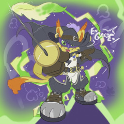 anthro belt boots cape clothing feather_hat footwear fur gloves green_eyes handwear hat headgear headwear looking_at_viewer male mask melee_weapon rapier shoes smile solo sword text weapon yellow_body yellow_fur cray.awn bandai_namco digimon digimon_(species) felid feline mammal nyabootmon english_text hi_res