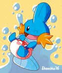 black_eyes clean_diaper clothed clothing diaper fin floating looking_at_viewer one_eye_closed open_mouth solo water wearing_diaper shambles nintendo pokemon generation_3_pokemon mudkip pokemon_(species) 2016 hi_res