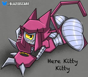 1_eye alternate_color anthro ass_up big_butt butt claws female grin looking_at_viewer lying on_front sharp_teeth smile solo teasing teeth text thick_thighs wide_hips yellow_sclera blazedscarf gameoverse glitch_productions malice_(gameoverse) felid feline mammal robot_anthro absurd_res english_text hi_res