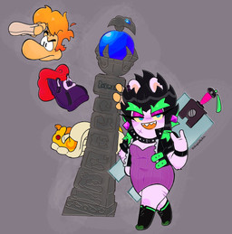 4_fingers amethyst_(gem) anthro arm_tuft arms_bent belt big_nose black_boots black_clothing black_ear_ring black_eyebrows black_eyes black_footwear black_jacket black_topwear black_wristband blonde_hair blue_eyes boots breasts cleavage closed_frown clothed clothed_anthro clothed_female clothed_humanoid clothed_male clothing conjoined_eyes devil_horns_(gesture) dress duo ear_piercing ear_ring elbow_tuft eyebrows facial_scar female female_anthro fingers floating_hands floating_head floating_torso footwear frown fur gem gesture green_belt green_eyebrows green_hair grey_background hair half-closed_eyes hand_gesture handwear hoodie jacket leg_scar light long_ears looking_at_viewer male melee_weapon mouth_closed multicolored_hair narrowed_eyes noseless open_belt open_clothing open_jacket open_topwear orange_mouth paddle_sword piercing pillar pose purple_body purple_clothing purple_dress purple_ear_piercing purple_eyelids purple_fur purple_hoodie purple_topwear ring_piercing scar sharp_teeth shielding_eyes shoes short_hair simple_background smile smiling_at_viewer spiky_hair sword sword_on_back tan_body tan_clothing tan_gloves tan_handwear tan_inner_ear tan_skin teeth text thick_eyebrows thick_thighs thigh_scar topwear tuft two_tone_hair weapon x_scar yellow_sclera vampkettleartz mario_bros mario_plus_rabbids_sparks_of_hope nintendo raving_rabbids rayman_(series) ubisoft edge_(mario_plus_rabbids) rayman humanoid lagomorph mammal rabbid raypeople_(rayman) 2023 artist_name crossover digital_drawing_(artwork) digital_media_(artwork) english_description hi_res lighting shaded