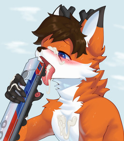 anthro antlers blue_eyes blush bodily_fluids cum cum_on_face cum_on_tongue genital_fluids hair horn licking male simple_background solo tongue train vehicle blu_shun electro-motive_diesel pt_kereta_api_indonesia cobalt_foxpaw hybrid absurd_res hi_res