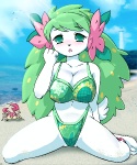 accessory anthro beach big_breasts bikini blush bottomwear breasts cleavage clothed clothing cloud colored_edge_bikini detailed_background duo embarrassed female feral floral floral_bikini floral_clothing floral_print floral_swimwear flower flower_(anatomy) flower_in_hair green_bikini green_bottomwear green_clothing green_hair green_swimwear green_topwear hair hair_accessory head_flower leaf leaf_hair lighthouse navel outside plant plant_hair pokemorph print_bikini print_clothing print_swimwear pseudo_hair sand seaside sitting sky solo_focus spread_legs spreading swimwear topwear two-piece_swimsuit wariza water white_body white_skin g-sun nintendo pokemon arthropod crustacean elemental_creature flora_fauna generation_1_pokemon generation_4_pokemon hybrid krabby land_forme_shaymin legendary_pokemon mammal marine pokemon_(species) shaymin 5:6 digital_media_(artwork) full-length_portrait portrait