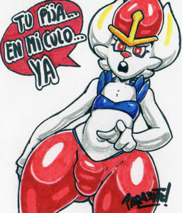 anthro bottomwear bulge clothing dialogue femboy fur gesture hair hand_gesture looking_at_viewer male pants pointing pointing_at_viewer red_eyes red_hair red_nose simple_background solo speech_bubble talking_to_viewer text thick_thighs white_background white_body white_fur wide_hips parasitedeath nintendo pokemon cinderace generation_8_pokemon pokemon_(species) spanish_text traditional_media_(artwork) translated