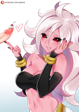 arm_warmers armwear bare_shoulders big_breasts black_nails black_sclera blush bracelet breasts cherry clothed clothing colored_nails dairy_products disembodied_penis duo ear_piercing faceless_character faceless_male female food food_fetish food_play fruit genitals gold_(metal) gold_jewelry grin hair heart_symbol humanoid_pointy_ears jewelry long_hair male midriff nails navel neck_ring not_furry penis piercing pink_body pink_skin plant pointy_ears red_eyes ring sharp_teeth simple_background skimpy smile solo_focus standing teeth whipped_cream white_background white_hair tofuubear dragon_ball dragon_ball_fighterz android_21 majin_android_21 alien alien_humanoid humanoid majin 2018