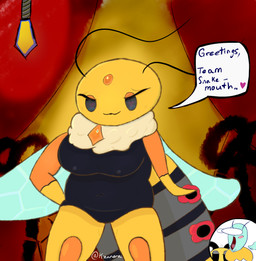 :3 antennae_(anatomy) anthro arthropod_abdomen clothing curvy_figure dialogue eyeshadow female forehead_gem gem group insect_wings leotard looking_at_viewer makeup mature_female neck_tuft solo_focus speech_bubble text trio tuft wings kzanera bug_fables moonsprout_games leif_(bug_fables) queen_bianca_(bug_fables) vi_(bug_fables) animal_humanoid arthropod arthropod_humanoid bee humanoid hymenopteran insect lepidopteran moth queen_bee english_text hi_res