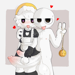 balls big_penis black_clothing black_gloves black_handwear blush bodily_fluids clothing duo femboy genitals gesture gloves hand_gesture hand_on_shoulder handwear hat headgear headwear heart_eyes heart_symbol huge_penis hypnosis legwear maid_uniform male male/male mind_control nipples nude penis penis_size_difference saliva saliva_string scrotum_flap simple_background simple_eyes small_penis smug smug_face spiral spiral_eyes sweat thigh_highs tongue tongue_out uniform v_sign vein veiny_penis f_d_e_i_a circlehead humanoid 1:1 hi_res