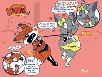 anthro bdsm bondage bottomwear bound clothing collar collared_shirt complaining dialogue dominant dominant_female dress duo female fur gag grey_body grey_fur harness kip_matiu leash male male/female maria_matiu polo_shirt red_body red_fur rubber_boots shirt shorts submissive submissive_male tape tape_gag topwear white_body white_fur matiu canid canine canis fox mammal wolf