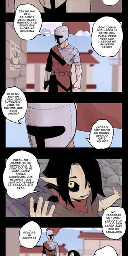 armor bandage bandaged_chest black_sclera blush clothing day duo female headgear helmet humanoid_pointy_ears knight larger_human larger_male male outside pointy_ears red_clothing red_shirt red_topwear red_tunic shirt size_difference sky smaller_female smaller_humanoid smile text topwear tunic wanted_poster warrior yellow_eyes darkus_art goblin human humanoid mammal hi_res spanish_text translation_request