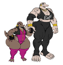 anthro big_butt bra brown_body brown_scales butt clothing colored_nails duo eyeshadow female flat_chested huge_butt huge_hips huge_thighs hyper hyper_hips larger_female legwear leotard makeup muscular muscular_female nails scales size_difference smaller_female sports_bra thick_thighs tights underwear wide_hips sssonic2 leona_(sssonic2) pauline_(sssonic2) crocodilian reptile scalie hi_res
