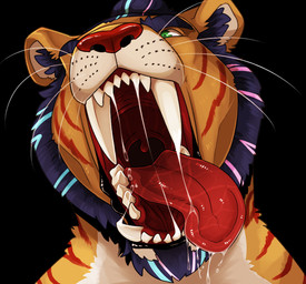 anthro beard big_fangs black_background bodily_fluids drooling facial_hair fangs front_view fur green_eyes male male_anthro mouth_shot open_mouth red_nose red_tongue saliva simple_background solo striped_body striped_fur stripes teeth tongue tongue_out whiskers white_body white_fur yellow_body yellow_fur swampjaws felid mammal pantherine tiger alternate_version_at_source bust_portrait portrait