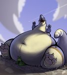 2016 3_fingers 3_toes 4_fingers anthro belly big_belly blue_body blue_scales blue_sky claws cloud dinosaur duncan_roo duo feet feral fingers fur green_body green_fur hi_res kangaroo larger_feral larger_feral_smaller_anthro larger_male larger_male_smaller_male larger_pet macro macro_anthro macro_feral macro_male macroceli macroceli_(artist) macropod male male_anthro male_feral mammal marsupial navel nude open_mouth outside reptile scales scalie sitting_on sitting_on_another sitting_on_character size_difference sky smaller_anthro smaller_male tail tail_grab teeth theropod thick_tail toes tyrannosaurid tyrannosauroid tyrannosaurus tyrannosaurus_rex vehicle white_body white_claws
