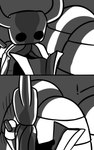 2_horns 2_panel_comic ambiguous_gender biped black_body black_eyes exclamation_point holding_map horn map melee_weapon motion_lines nail_(weapon) solo standing turning_around weapon weapon_on_back skeletorskeletonized hollow_knight team_cherry the_knight_(hollow_knight) vessel_(species) 2020 5:8 comic digital_media_(artwork) greyscale hi_res monochrome