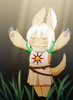 anthro barefoot belt blush claws clothed clothing feet female flat_chested fur green_eyes hair long_claws long_hair raised_arm simple_background solo standing tan_body tan_fur white_hair rk9k dark_souls fromsoftware made_in_abyss praise_the_sun_(meme) nanachi lagomorph leporid mammal narehate rabbit 2023 digital_media_(artwork) meme
