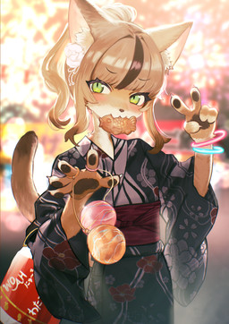 5_fingers anthro asian_clothing blush bracelet claws clothed clothed_anthro clothed_female clothing cute_fangs detailed_background east_asian_clothing fangs female female_anthro festival finger_claws fingers fireworks fur gesture hair hand_gesture japanese_clothing jewelry kemono mouth_hold pawpads solo tail taiyaki teeth toony v_sign water_balloon yukata kikury domestic_cat felid feline felis mammal 2023 absurd_res detailed digital_media_(artwork) hi_res