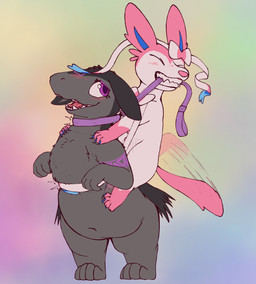 alternate_color ambiguous_gender anthro arched_back bdsm belly blue_claws blush bow_(anatomy) clawing claws collar duo eyes_closed eyeshadow feral fur grabbing_from_behind grey_body leash leash_pull looking_back makeup markings multicolored_body navel open_mouth overweight petplay purple_eyes ribbons riding_on_back roleplay romantic romantic_couple sharp_fangs sharp_teeth simple_background smile standing submissive tail tail_motion tailwag teeth tongue two_tone_body white_body ray_karr nintendo pokemon eeveelution generation_2_pokemon generation_6_pokemon pokemon_(species) sylveon typhlosion 2026 digital_media_(artwork) hi_res nonbinary_(lore) trans_(lore)