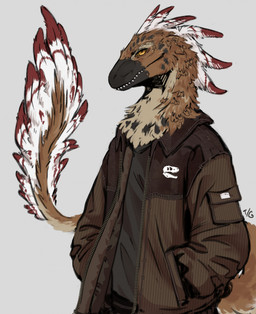 anthro clothed clothed_anthro clothing feathered_tail feathers hand_in_pocket jacket looking_at_viewer male pockets simple_background solo tail teeth topwear white_background tessa_gaf achillobator dinosaur dromaeosaurid feathered_dinosaur feathered_scalie prehistoric_species reptile saurischian scalie theropod digital_drawing_(artwork) digital_media_(artwork) half-length_portrait hi_res portrait