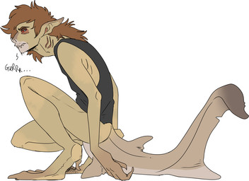 black_clothing black_topwear blue_eyes brown_hair clothing ears_back gills green_body green_ears hair male messy_hair pivoted_ears red_sclera sharp_teeth side_view simple_background solo teeth topwear unsigned white_background swampjaws tom_(imperatorcaesar) animal_humanoid aquatic aquatic_humanoid fish fish_humanoid humanoid shark_humanoid
