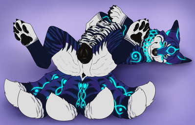 6_tails animal_genitalia animal_vulva anus black_anus black_nose black_pawpads black_vulva blue_body blue_fur bodily_fluids breasts canine_genitalia canine_vulva dipstick_ears ear_markings female female_feral feral fur genitals lactating looking_at_viewer lying markings multi_breast multi_tail multicolored_ears on_back pawpads purple_body purple_fur simple_background smile solo spread_legs spreading striped_legs striped_markings striped_tail stripes tail tail_markings vulva white_body white_eyes white_fur killthe_demon canid canine fox mammal hi_res