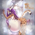 anthro belly big_belly dildo dildo_insertion ethuka_van_niekerk felid feline female hair hi_res huge_belly indigobx leaning leaning_forward long_hair mammal masturbation open_mouth pregnant pregnant_anthro pregnant_female purple_hair serval sex_toy sex_toy_insertion shower solo wet wet_body wet_hair