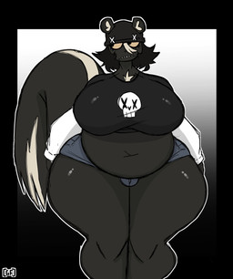 anthro beanie belly big_belly big_breasts black_body black_border black_clothing black_fur black_hair black_shirt black_topwear blue_bottomwear blue_clothing blue_hotpants blue_shorts border bottomwear breasts bulge clothing crop_top curvy_figure eyelashes fangs front_view fur gynomorph hair hat headgear headwear highlights_(coloring) hotpants huge_breasts huge_hips huge_thighs intersex logo long_sleeves markings navel outline shirt short_hair shorts simple_background skull_shirt skunk_tail slightly_chubby slightly_chubby_anthro slightly_chubby_gynomorph slightly_chubby_intersex solo teeth thick_thighs topwear voluptuous voluptuous_anthro voluptuous_gynomorph white_highlights white_markings white_outline white_sleeves wide_hipped_anthro wide_hipped_gynomorph wide_hips yellow_sclera ghostfuckrr siouxsie_(ghostfuckrr) mammal mephitid skunk 2025 absurd_res artist_logo colored digital_drawing_(artwork) digital_media_(artwork) hi_res shaded trans_(lore) trans_woman_(lore)