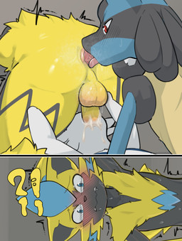 anal anthro anthro_on_anthro anthro_penetrated anthro_penetrating anthro_penetrating_anthro anus backsack balls bent_over big_balls big_butt big_penis blush bodily_fluids butt clenched_teeth cum cum_in_mouth cum_inside erection fellatio fur gaping gaping_anus genital_fluids genitals group group_sex humanoid_genitalia humanoid_penis interrobang kemono licking licking_another male male/male male_penetrated male_penetrating male_penetrating_male motion_lines nude oral oral_penetration oral_sandwich penetration penile penis penis_in_mouth perineum rimming saliva sex simple_background spikes spikes_(anatomy) sweat teeth threesome through_wall tongue tongue_out trio tuft albert19990202 nintendo pokemon cinderace generation_4_pokemon generation_7_pokemon generation_8_pokemon legendary_pokemon lucario pokemon_(species) zeraora 2025 comic hi_res multiple_scenes