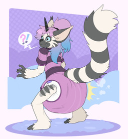 anthro baby_bodysuit blue_sclera clothed clothing diaper diaper_puff diaper_under_clothing facial_piercing feces female hair high_ponytail horn nose_piercing onesie piercing ponytail pooping simple_background soiled_diaper soiling soiling_diaper solo surprised tail unclean_diaper used_diaper using_diaper wearing_diaper bubblepuppers mythology equid equine hybrid lemur mammal mythological_creature mythological_equine primate ring-tailed_lemur strepsirrhine unicorn digital_media_(artwork) hi_res
