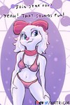 abstract_background anthro blue_eyes canid canine canis clothing domestic_dog english_text fay_(star_fox) female floppy_ears fluffy_ears fur hi_res lingerie mammal natricle nintendo pink_nose ribbons scarf smile solo star_fox text white_body white_fur