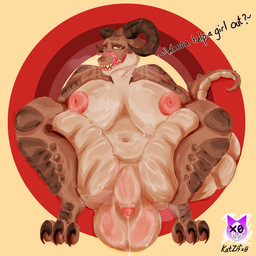 anthro balls belly big_balls big_breasts big_penis bodily_fluids breasts claws crouching drooling genital_fluids genitals gynomorph horn in_heat intersex musk nipples nude nude_anthro nude_gynomorph nude_intersex penis precum saliva slightly_chubby solo sweat thick_thighs tongue artist_katzifx0 fallout microsoft deathclaw scalie 1:1 absurd_res hi_res