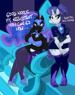 anthro anthrofied armor big_breasts black_body blue_eyes blush bottomwear breasts butt_slap clothed clothing cutie_mark dialogue duo embarrassed eyebrows eyeshadow female female/female fingers hair headgear helmet horn legwear makeup panties purple_hair purple_tail sitting skirt slap slightly_chubby standing stockings tail text thigh_highs topwear translucent translucent_clothing translucent_legwear underwear unicorn_horn wings flutterthrash friendship_is_magic hasbro my_little_pony mythology nightmare_moon_(mlp) rarity_(mlp) equid equine mammal mythological_creature mythological_equine unicorn winged_unicorn absurd_res english_text hi_res signature
