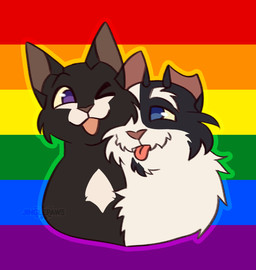 black_body black_fur black_markings blue_eyes duo feral fur lgbt_pride male male/male markings pride_color_background pride_color_flag pride_colors purple_eyes simple_background tongue tongue_out white_body white_fur jinglepaws warriors_(book_series) barley_(warriors) ravenpaw_(warriors) domestic_cat felid feline felis mammal flat_colors hi_res