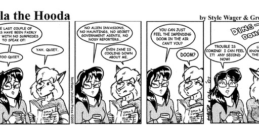 anthro book container cup dialogue dipstick_ears duo ear_markings eyewear female fur glasses hair multicolored_ears offscreen_character text style_wager dela_the_hooda dela_aldershaw sue_chan_(dela_the_hooda) canid canine fox hooda human mammal 2005 comic english_text monochrome