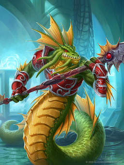 3_fingers anthro apode armor fin fingers green_body green_scales holding_melee_weapon holding_object holding_polearm holding_spear holding_weapon inside legless male melee_weapon pauldron polearm red_armor red_eyes scales serpentine solo spear standing weapon ursula_dorada blizzard_entertainment hearthstone warcraft draconcopode naga naga_(warcraft) 2020 3:4 digital_media_(artwork) hi_res official_art