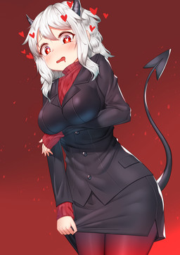blush bottomwear breasts business_suit clothed clothing female fully_clothed hair heart_eyes heart_symbol horn low-angle_view not_furry pencil_skirt red_background red_eyes simple_background skirt smile solo spade_tail suit sweater tail topwear turtleneck white_hair deaver helltaker modeus_(helltaker) demon demon_humanoid humanoid 2020 digital_media_(artwork) hi_res shaded